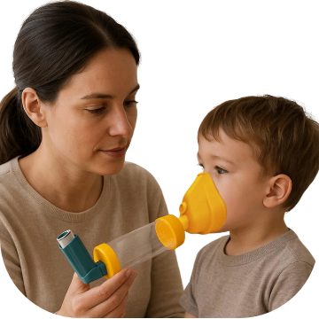 mão aplicando medicamento no filho com o espaçador broncodilatador da gooddoctor